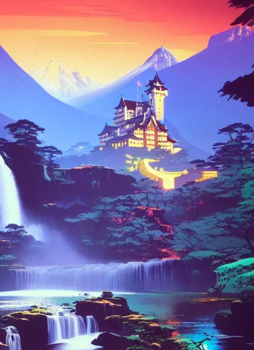 Image similar to magical castle, waterfall, river, mountain, scenery wallpaper aesthetic, beautiful, cinematic, dramatic, super detailed and intricate, hyper realistic, by koson ohara, by darwyn cooke, by hiroshi yoshida