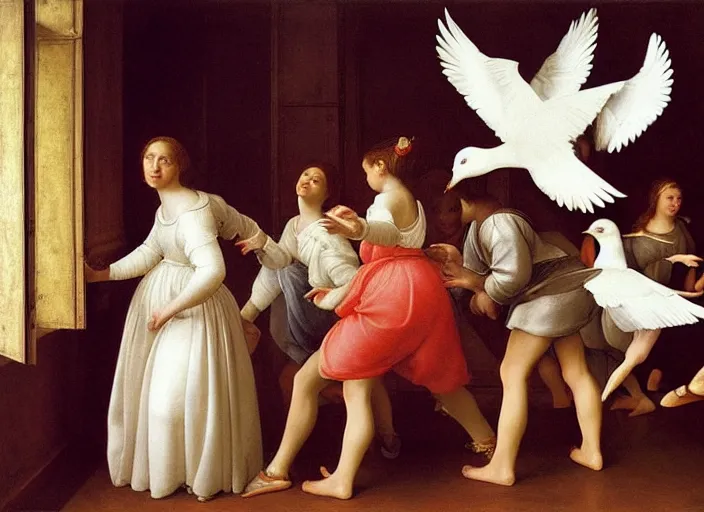 Image similar to realistic museum photography of a painting with a group of girls wearing white shorts, dancing with white pigeons in a wooden room in style raffaello sanzio, italian renaissance painting, detailed