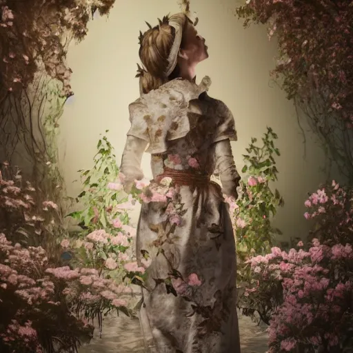 Prompt: 8 k, octane render, realism, tonalism, renaissance, rococo, baroque, portrait of a young lady wearing long manga dress with flowers and ivy, background chaotic gold leaf flowers