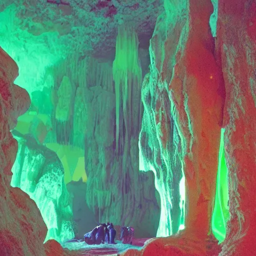 Prompt: neon glowing holographic cave with stalagtites and stalagmites photorealistic 1 9 8 2 filmic with a pair of furry boots in the middle of the cave