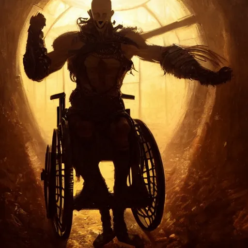 Image similar to handsome portrait of a wheelchair guy fitness posing, radiant light, caustics, heroic, smooth, one legged amputee, bloodborne gehrnan, by gaston bussiere, bayard wu, greg rutkowski, giger, maxim verehin