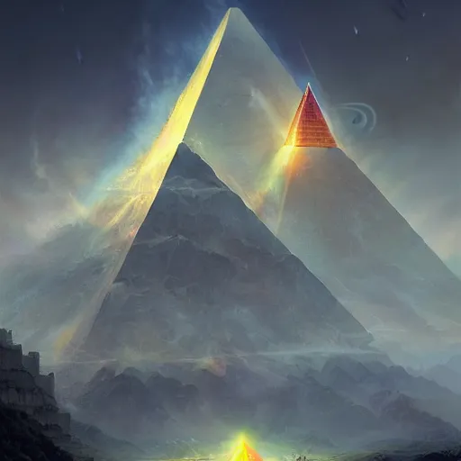 Image similar to ultradetailed pyramid structure emitting an energy beam into the atmosphere by peter mohrbacher and emmanuel shiu and martin johnson heade and bastien lecouffe - deharme