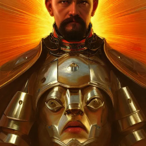 Image similar to masterpiece head - on symmetrical centered painted portrait, lenin as a holy warrior, holy light halo, glorious, wearing full metal armour, elegant, distant, in the style of ruan jia and artgerm and edgar maxence and ross tran and michael whelan and mucha, 8 k, octane render