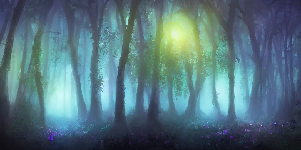 Image similar to beautiful matte painting of a colorful fantasy dark forest at night