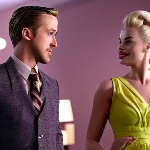 Image similar to still of ryan gosling and margot robbie, in barbie movie