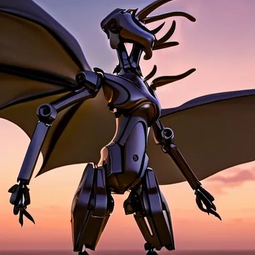 Image similar to close-up shot of a cute and beautiful well-proportioned anthropomorphic robot female dragon doing an elegant pose, the head has two eyes and two horns, a sleek yet elegant design of metal plating, with two big epic wings behind her attached to her back, two arms with one hand on her hip, the background is of the beach at night; HD digital art, artstation, deviantart, furaffinity, high quality detail