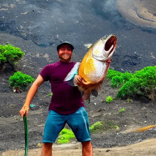 Image similar to a person holding a large fish over his head in a volcano