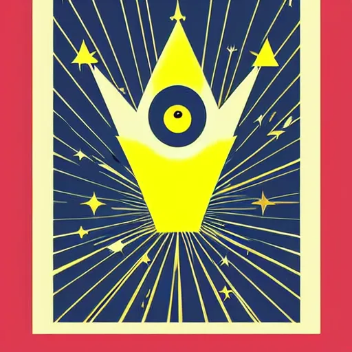 Prompt: a glowing minimal elegant crown sitting on a table with one large beautiful eye on top of it like a jewel, stars on top of the crown, night time, vast cosmos, geometric light rays exploding outwards into stars, bold black lines, flat colors, minimal psychedelic 1 9 3 0 s poster illustration