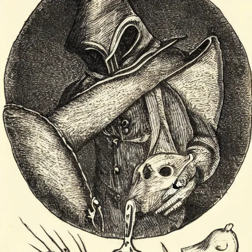 Image similar to Etching art of a plague doctor looking at a pocket watch, intricate, lots of details, 8k