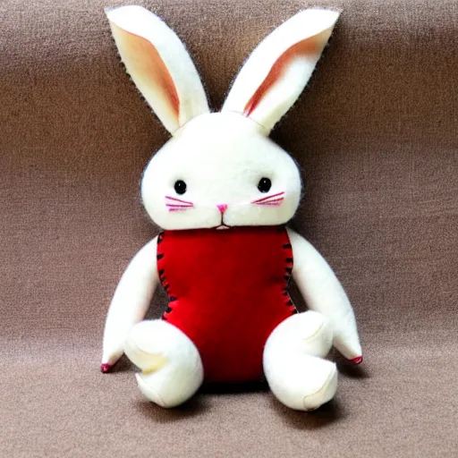 Image similar to a cute elegant felt plush doll of a rabbit wearing overalls detailed highly realistic