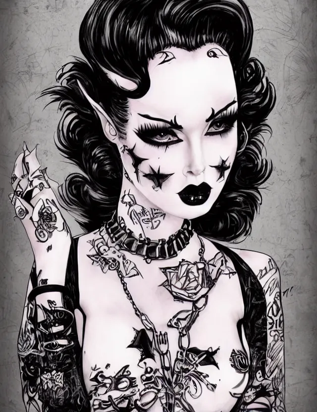 Image similar to of a goth girl burlesque psychobilly, rockabilly, punk, black hair, detailed face, white background, drawing, illustration