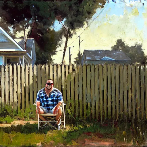 Prompt: painting of a stocky man with light brown swept back short hair and dark glasses, wearing a blue plaid shirt and khaki shorts, sitting in chair, in front of a decaying white picket fence, by jeremy mann, stylized, detailed, realistic, loose brush strokes