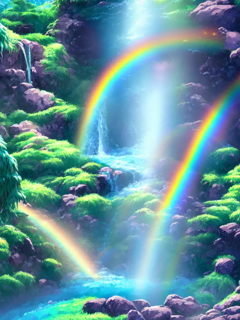 Prompt: anime - style illustration of waterfall cascading onto rocks, small rainbow emerging in background, ethereal, beautiful scenery, intricately meticulously detailed, amazing, glitter, 8 k render octane high definition