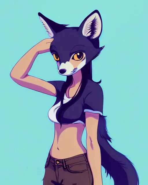 Image similar to fullbody shot of wild half - fox woman with fox nose and ears, wearing summer jeans shorts and tshirt, anime art, concept art, detailed attractive face with fox nose and fox mouth, symmetrical, trending on pixiv, by lois van baarle by sung choi by john kirby artgerm style pascal blanche and magali villeneuve and hayao miyazaki