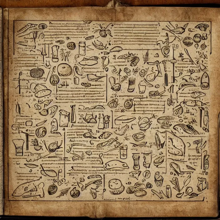 Prompt: ( ( ( ( illustrated recipe for an hamburger ) ) ) ) lot of medieval enluminures in the background explaining the recipe, found schematic in a notebook