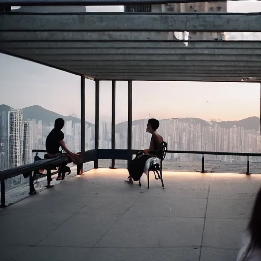 Image similar to a small rooftop with a couple of people sitting and watching the view, wearing black modern clothes, designed by rick owens, messy short hair, modern hong kong is on the background, sunset, pale colors, by gregory crewdson