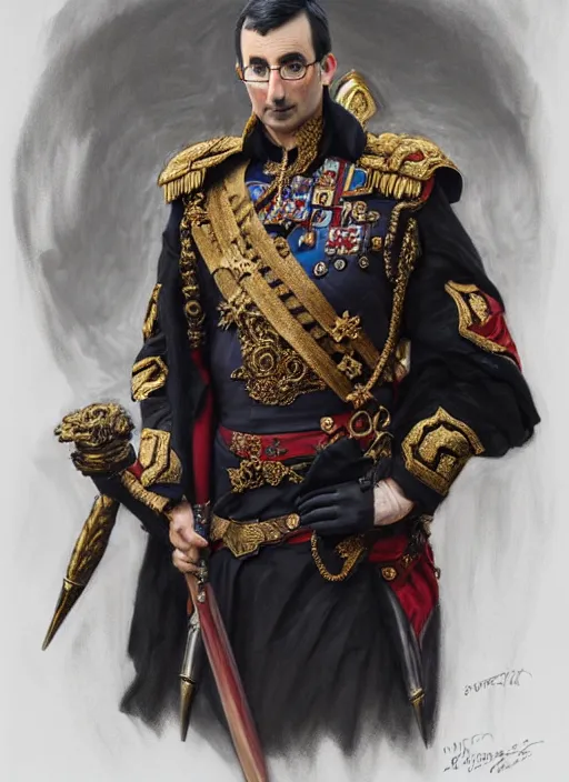 Image similar to portrait of lord john oliver as stoic king, royalty, extravagant, lord, full body, military uniform, fantasy, intricate, elegant, beautiful, highly detailed, charcoal, centered, dark, smokey, digital painting, artstation, concept art, art by artgerm and greg rutkowski and alphonse mucha