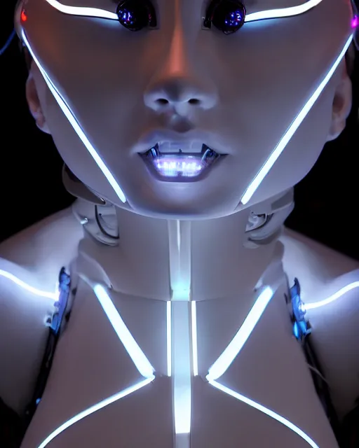 Image similar to low angle photo of sensual dancer as a cyberpunk mecha humanoid robotic head shoulder parts with straight bright led lights, inside white room, ultra - realistic and detailed, 8 k