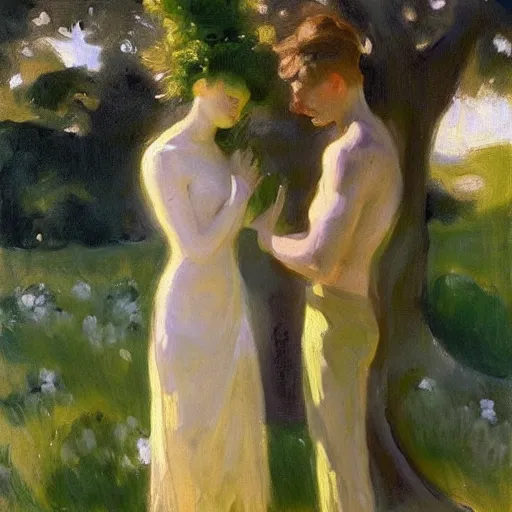 Image similar to a man and woman with tree heads watering each other, beautiful, john singer sargent style painting