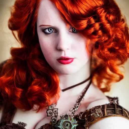 Prompt: beautiful steampunk redhead woman, photography, glamor shot, portrait, 3 5 mm, closeup