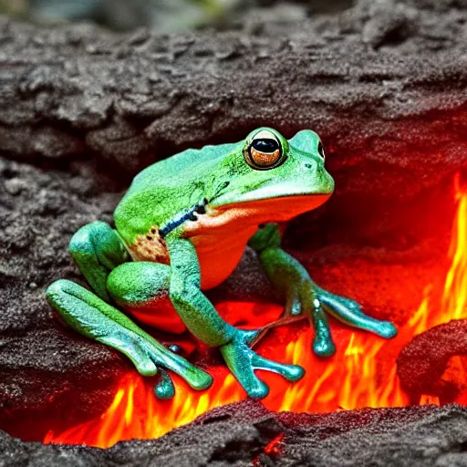 Image similar to frog screaming at an ocean of lava split in two