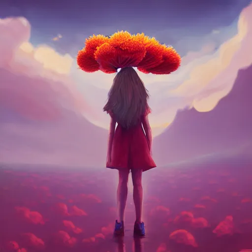 Image similar to giant cherry flower as a head, girl walking in a canyon, surreal photography, sunrise, dramatic light, impressionist painting, colorful clouds, digital painting, artstation, simon stalenhag