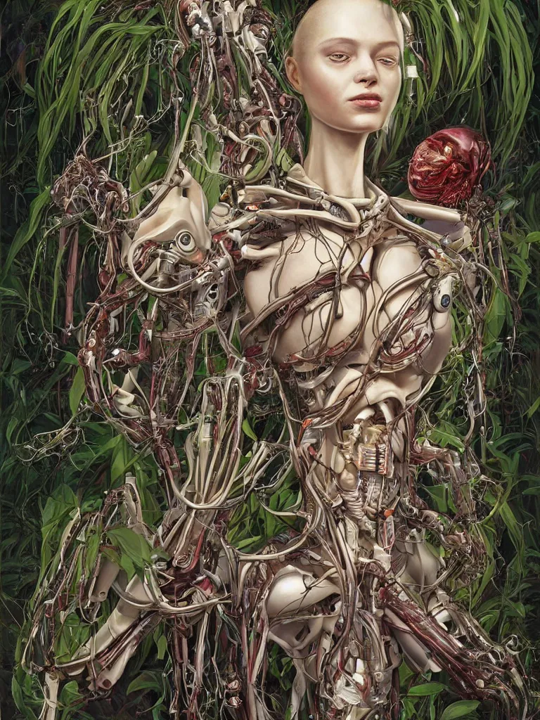 Image similar to portrait of a beautiful female android robot holding a realistic anatomical heart in her hands and crying, there are wires coming from her heart, tangled and entwined with her long flowing hair, mecha, biopunk, white xenomorph, bones, surrounded by tropical plants, painting by James C. Christensen, by Dan Witz, by tomasz alen kopera