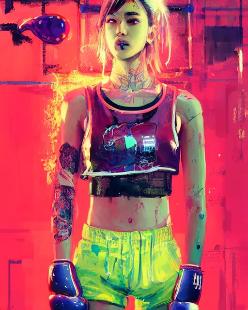 Image similar to detailed portrait Neon boxer Girl, cyberpunk futuristic neon, reflective crop top and shorts, boxing gloves, decorated with traditional Japanese ornaments by Ismail inceoglu dragan bibin hans thoma greg rutkowski Alexandros Pyromallis Nekro Rene Maritte Illustrated, Perfect face, fine details, realistic shaded, fine-face, pretty face