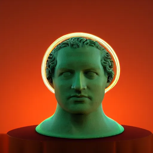Prompt: a giant neon ring surrounding a renaissance statue head, 3 d render