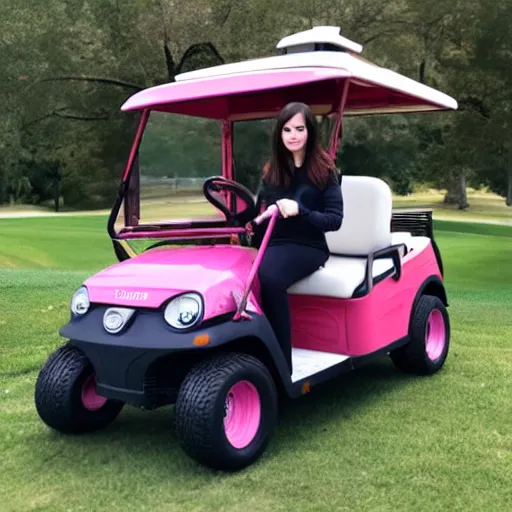 Image similar to april ludgate standing in front of a pink golf cart