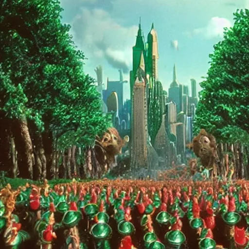 Image similar to emerald city from the wizard of oz being stormed by trump supporting munchkins,