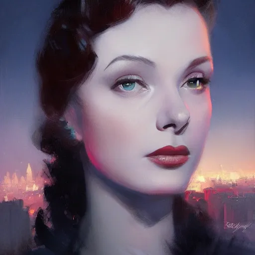 Image similar to closeup portrait of a young vivian leigh, dramatic lighting, city background, night, moon, chiaroscuro, high detail, painted by greg rutkowski, painted by igor kieryluk, painted by bobby chiu, trending on artstation