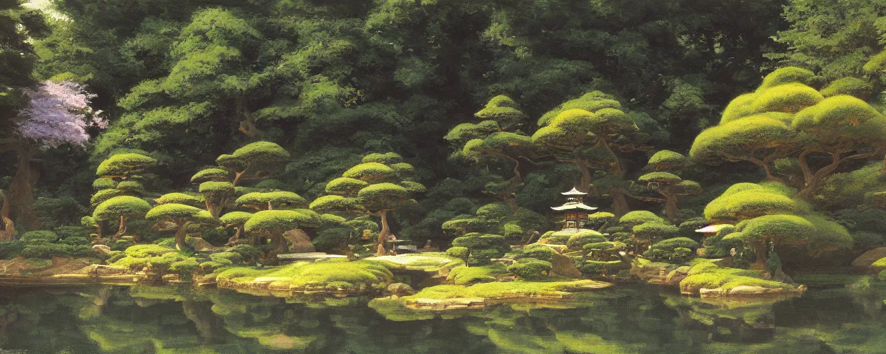 Image similar to ghibli illustrated background of a japanese zen garden by eugene von guerard, ivan shishkin, john singer sargent, 4 k