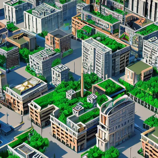 Prompt: a stylized 3D city on green hills, in the style of Silke Van Der Smissen and Maria Puchkova on ArtStation, 4k,