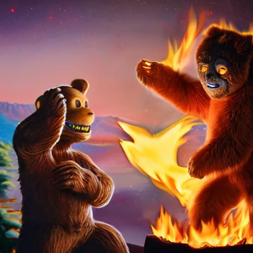 Image similar to UHD candid photo of Cosmic Cornholio torching Smokey The Bear on fire, UHD, photorealistic, correct face, photo by Annie Leibowitz