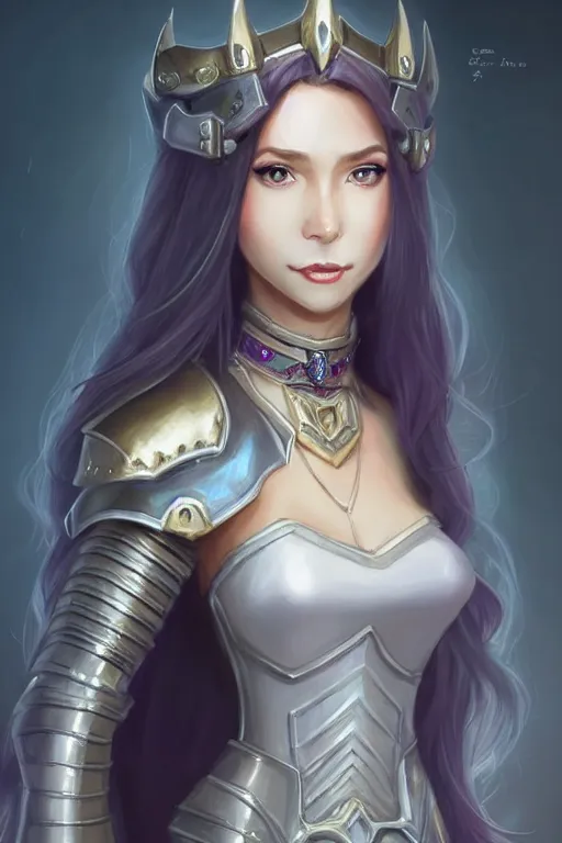 Image similar to a full body portrait of a gorgeous female paladin, D&D, choker on neck, stylish dress, very long flowing hair, intricate, elegant, stylish, cute slightly nerdy smile, mouth slightly open, fantasy, highly detailed, digital painting, artstation, concept art, smooth, sharp focus, illustration, art by artgerm and greg rutkowski and alphonse mucha