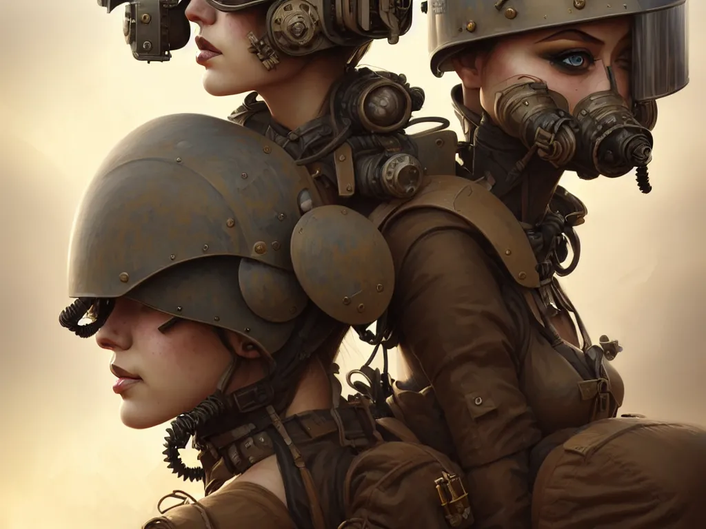 Prompt: portrait of dieselpunk soldier girl, helmet, stormy sandy desert, armored, highly detailed, digital painting, face detail, sharp focus, art, illustrations by loish and ayanamikodon and irakli nadar and rossdraws and wlop