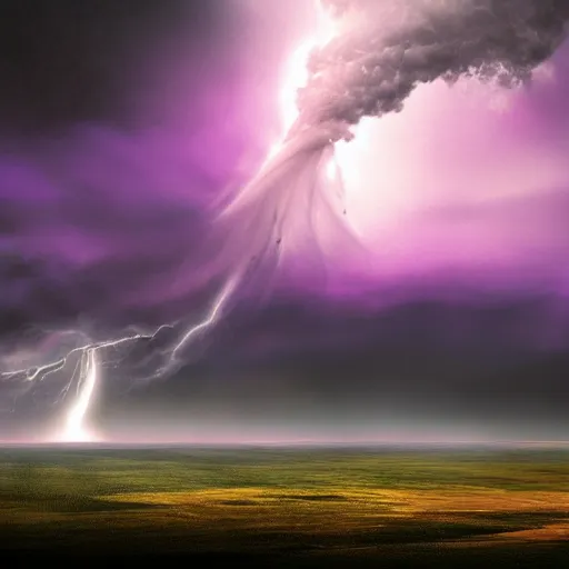 Prompt: a tornado in the distant landscape, hdr, artstation, shuttershock, 4 dimensions purple background