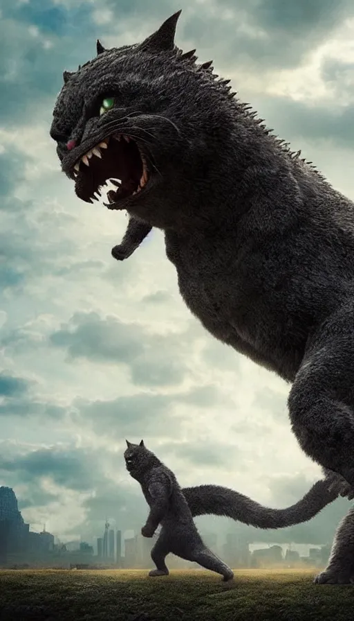 Prompt: hundreds of people running away from the giant catzilla. epic, blockbuster, trending on artstation. realistic cinematography, photorealistic, photography, wide shot