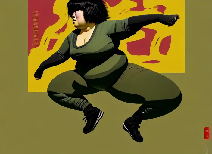 Image similar to duotone olive green gray illustration 3 / 4 portrait of fat woman fighting bruce lee style. dynamic chaotic composition random golden renaissance proportion. author sachin teng and sergei wheelsov and ruan jia and heng z. graffiti art, scifi, sci - fi, hyper detail. octane rendering. concept art. trend on artstation