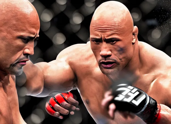 Image similar to dwayne the rock johnson fighting in the ufc, 4 k, photorealistic