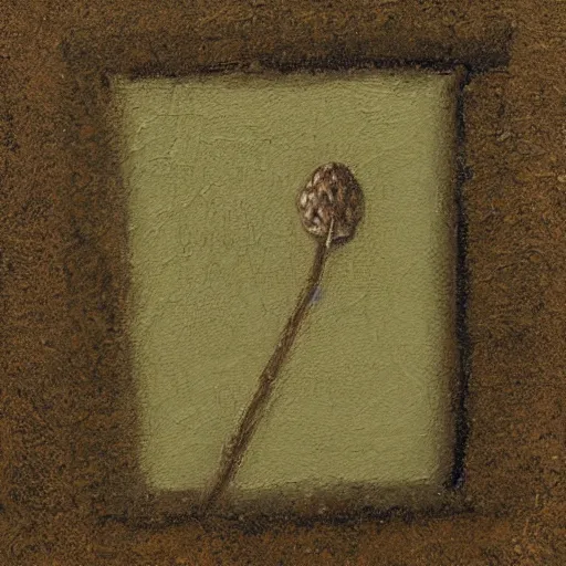 Image similar to detailed painting of a single small seed sitting in loose fresh earth. the painting is characterized by its use of light and shadow to create a sense of depth, its muted colors, and its focus on nature.