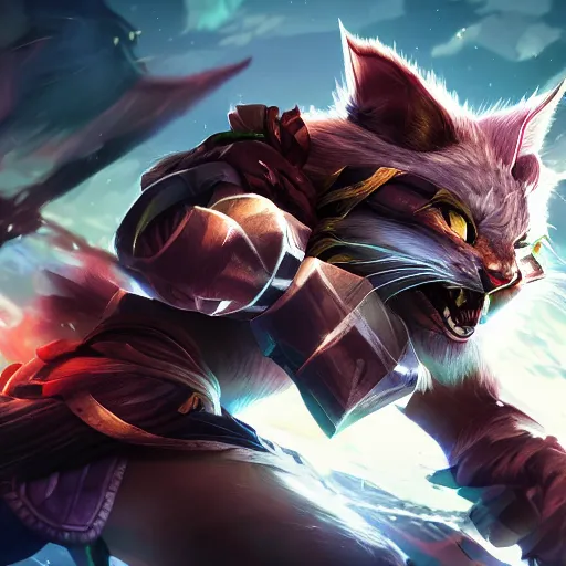 Image similar to league of legends rengar, very detailed, 4 k, chromatic aberration, global illumination, vivid colors, volumetric lighting