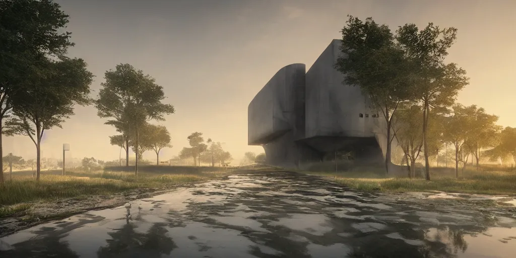 Prompt: render of huge futuristic concrete building by le corbusier, puddles of water, trees and bushes, dune style, neon glow, vivid color, moody lighting, unreal engine, bright sunrise, epic skies, foggy