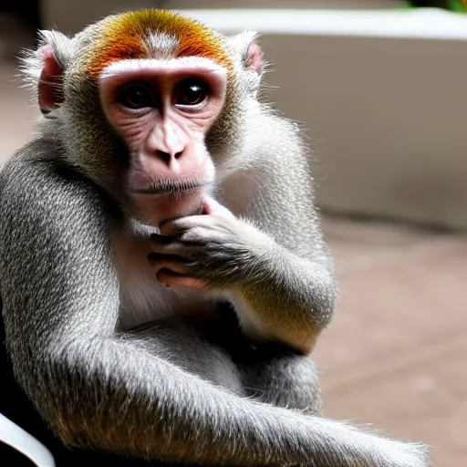 Prompt: photo of a monkey sitting in a chair holding an iPad, highly detailed, high quality, HD, 4k, 8k, Canon 300mm, professional photographer, 40mp, lifelike, top-rated, award winning, realistic, sharp, no blur, edited