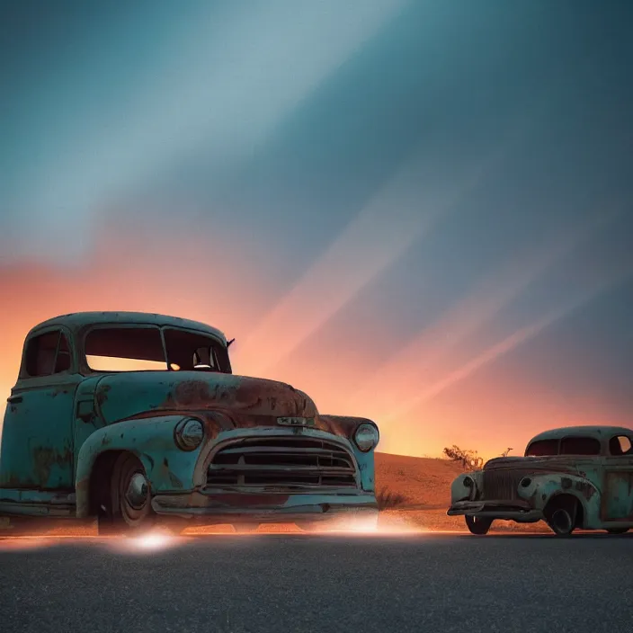 Image similar to a sunset light landscape with historical route 6 6, lots of sparkling details and sun ray ’ s, blinding backlight, smoke, volumetric lighting, colorful, octane, 3 5 mm, abandoned gas station, old rusty pickup - truck, beautiful epic colored reflections, very colorful heavenly, softlight