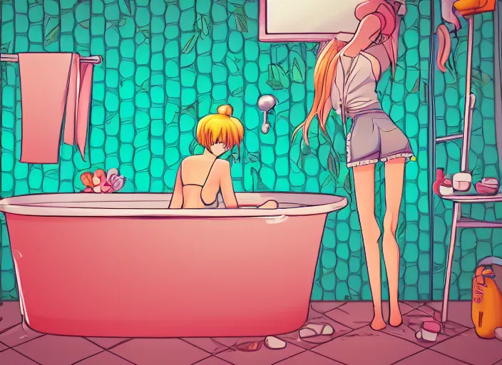 Image similar to girl in bathtub, bathroom, boring, anime, 1 9 9 0 s, retro style, aesthetic, chill, room