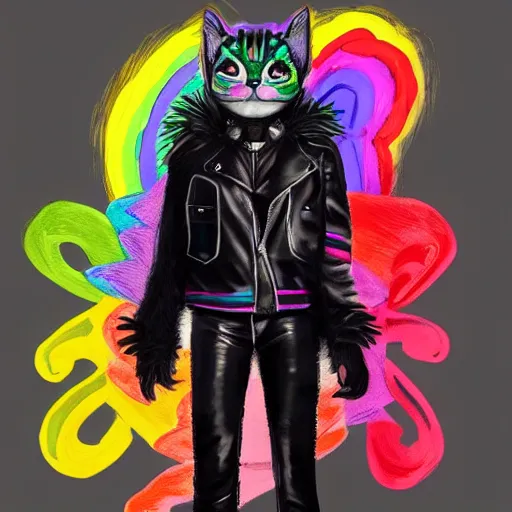 Image similar to wide angle full body, jacket wearing fluffy cute rainbow kitten wearing a black leather motorcycle jacket, cinematic concept art