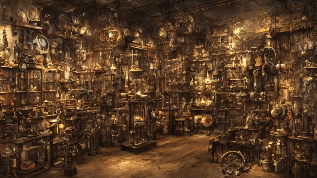 Prompt: A steampunk store, by tian gan, ultra detailed displays of weapons and clockwork machinations densely packed on shelves, volumetric lighting, 8k, unreal engine, trending on artstation