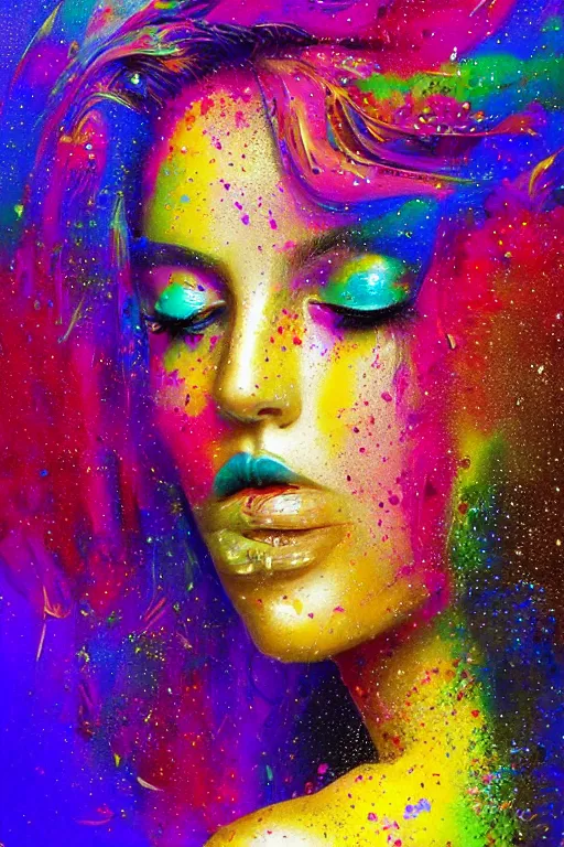 Prompt: modern portrait of vanessa parady, rainbow colours, splatter paint, dreamy and ethereal, golden ratio, peaceful expression, ornate frilly dress, fantasy, intricate, elegant, black background highly detailed, digital painting, perfect face artstation, concept art, smooth, b sharp focus, illustration, art by patrice murciano, artgerm and greg rutkowski and alphonse mucha